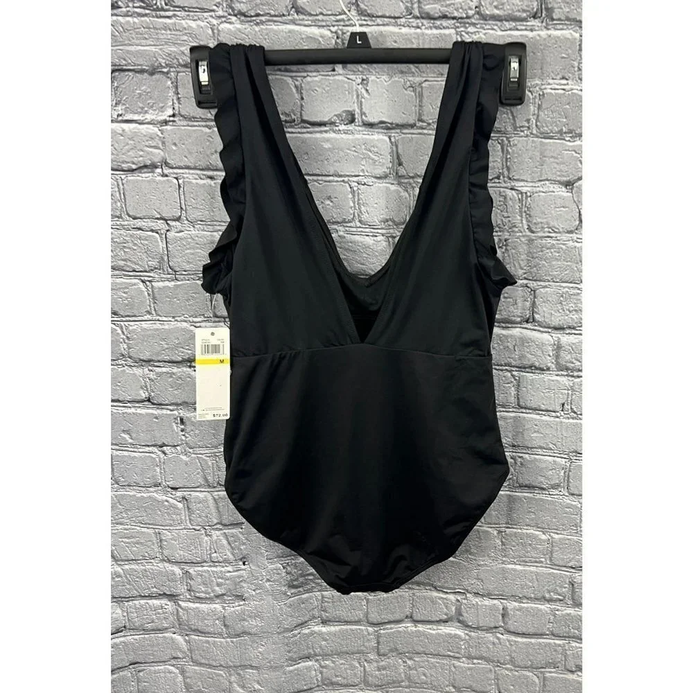 Catalina Swimwear Black‎ 1 Piece Swimsuit Size M Ruffle Smocked Deep Plunge NWT